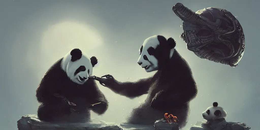 Prompt: Alien passing blunt to an anthropomorphic panda by Greg Rutkowski, Sung Choi, Mitchell Mohrhauser, trending on artstation, fine details
