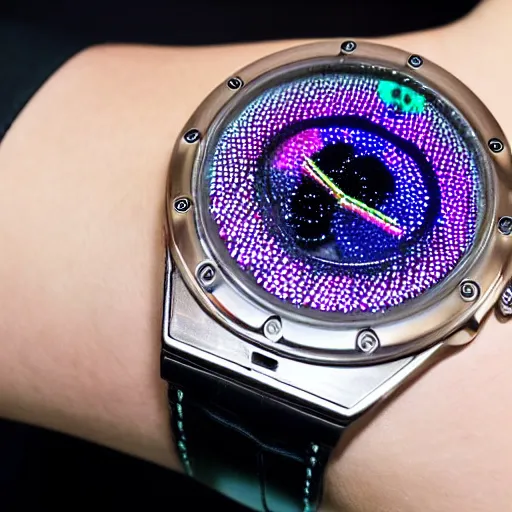 Image similar to a watch with an infinity mirror as a face and a lot of gears