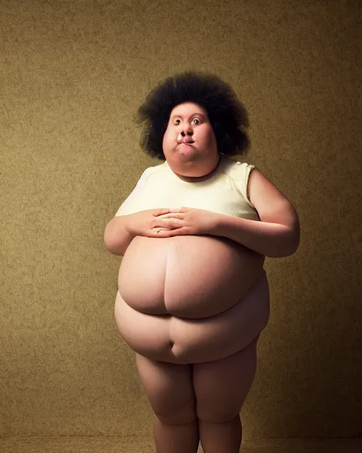 Image similar to Studio Photograph of a real life Super morbidly obese 800 pound American teenager Fat Albert in the Style of Annie Leibovitz,