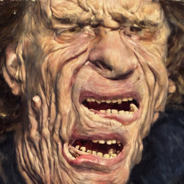 Prompt: warmly lit close up studio portrait of very old furiously angry!! Mick Jagger age 115 angrily singing, impasto oil painting thick brushstrokes by Cy Twombly and Tim Hawkinson , trending on artstation dramatic lighting Expressionism