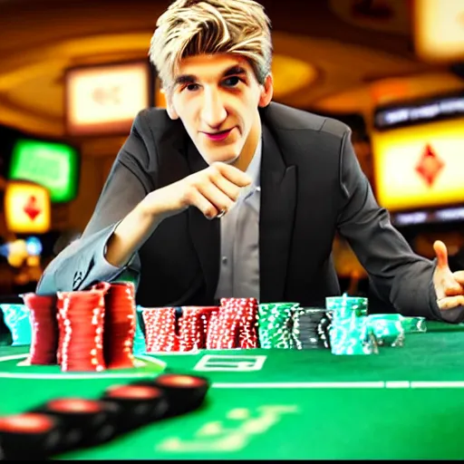 Image similar to film still of xqc gambling in Vegas, 4k, photorealism, artstation style