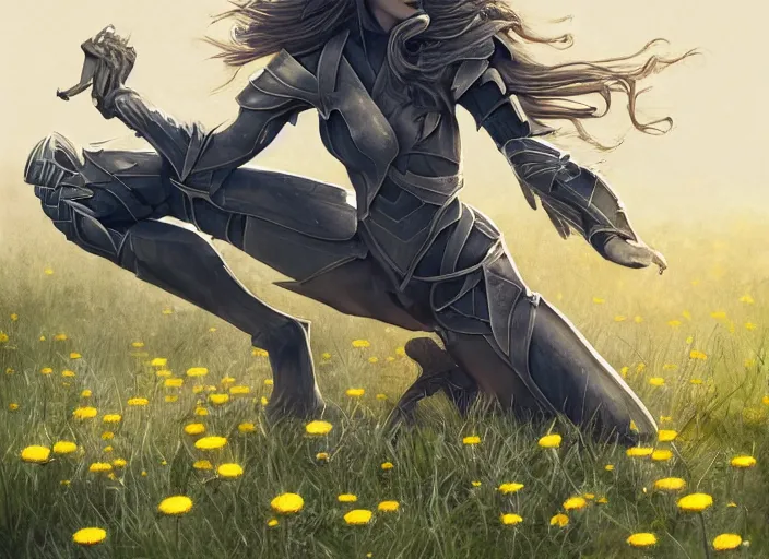 Image similar to a knightess kneeling on a field of dandelions, dramatic, wonderful shading, realistic perfect face, concept art, dynamic pose, digital illustration, trending on artstation, intricate details, epic composition, sharp focus, 8 k uhd, masterpiece, wlop, ross draws