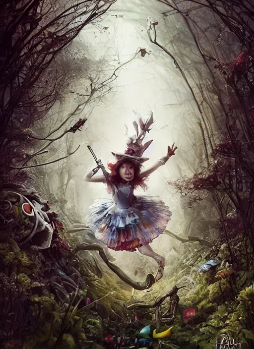 Image similar to Alice in Wonderland hunting White Rabbit,highly detailed,cinematic,8k,by Stanley Artgermm,Tom Bagshaw,Greg Rutkowski,Carne Griffiths, Ayami Kojima, Beksinski, Giger,trending on DeviantArt,hyper detailed,horror, full of colour