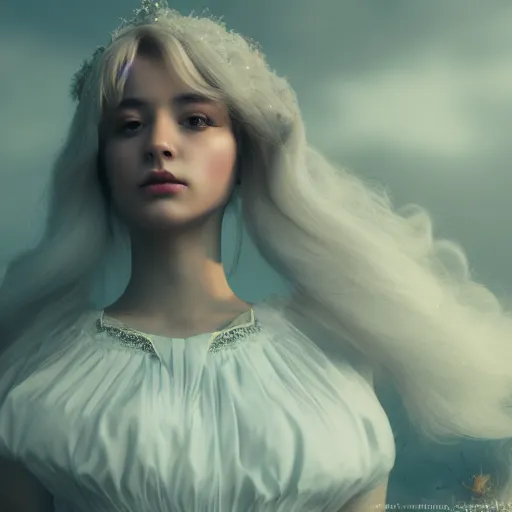 Image similar to beautiful girl in full gown blowing clouds, beautiful portrait, character concept style trending on artstation concept art detailed octane render cinematic photo - realistic 8 k high detailed