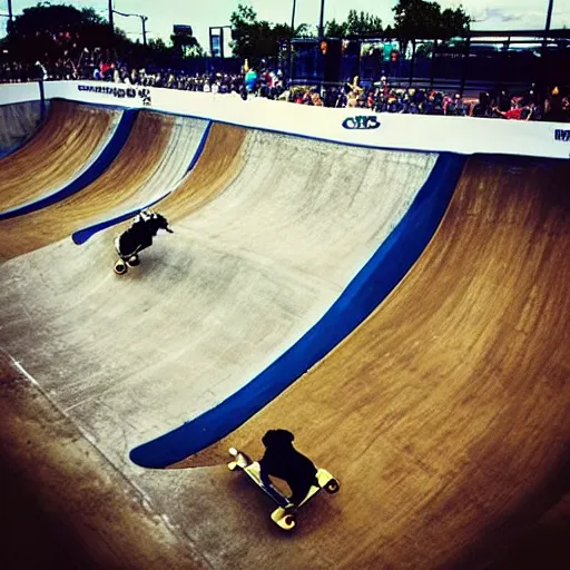 Prompt: “photo of a very, very fat dog skateboarding and kick flipping in a half-pipe at the X-Games”