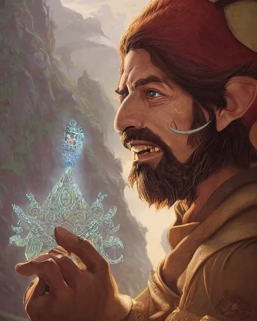 Image similar to digital painting of hernan cortes as an elf by filipe pagliuso and justin gerard, symmetric, fantasy, detailed, intricate, portrait, digital painting, sharp focus, tarot card, studio ghibli color scheme, handsome, concept art, alluring