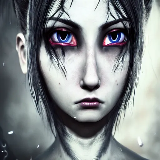 Image similar to photorealistic full shot portrait of angry darkness anime girl, dark look, inspired by Tim Burton, detailed, unreal engine 4k volumetric light, fog,