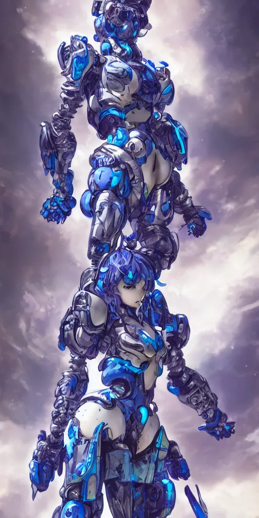 Image similar to beautiful and gorgeous female azure mech warrior by Masamune Shirow, manga, single face, trending on artstation, WLOP, detailed, intricate, elegant, sfw version