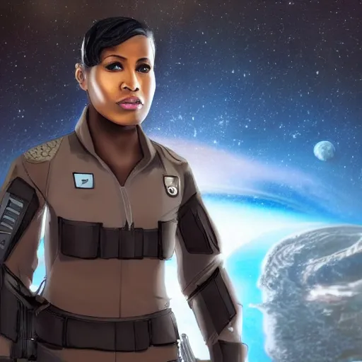 Image similar to a futuristic female soldier with brown skin and short hair in a spaceship