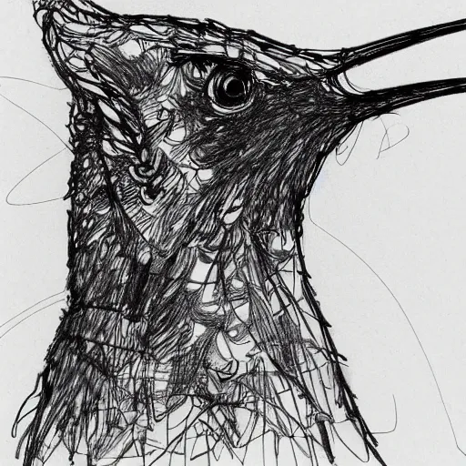 Image similar to a realistic yet scraggly portrait sketch of the side profile of a humming bird, trending on artstation, intricate details, in the style of frank auerbach, in the style of sergio aragones, in the style of martin ansin, in the style of david aja, in the style of mattias adolfsson