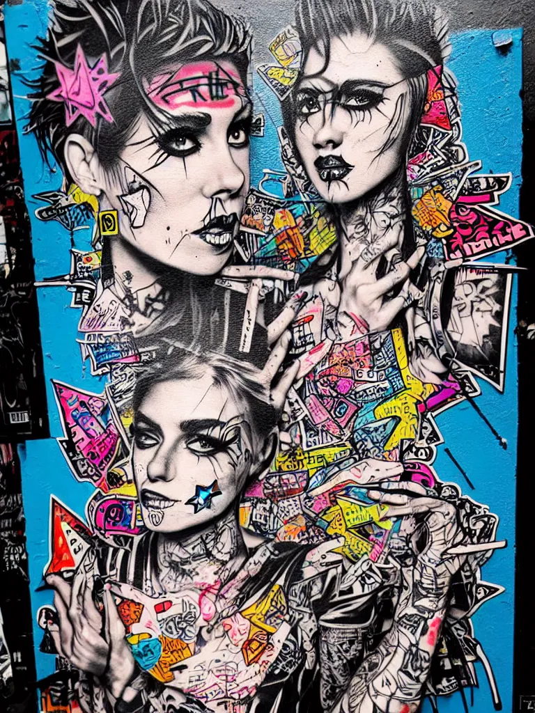 Image similar to a multilayered mixed media street art bursting with nostalgic pop culture references, punk symbols and tattoo designs, sharp details and in focus, high resolution, flat evenly lit background, art by stikki peaches