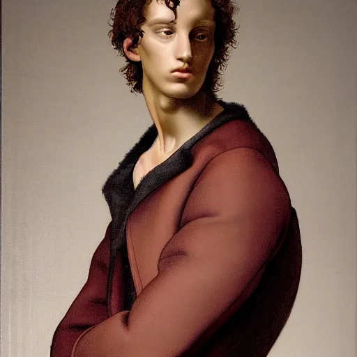 Prompt: a beautiful young male wearing alexander mcqueen, painted by michelangelo