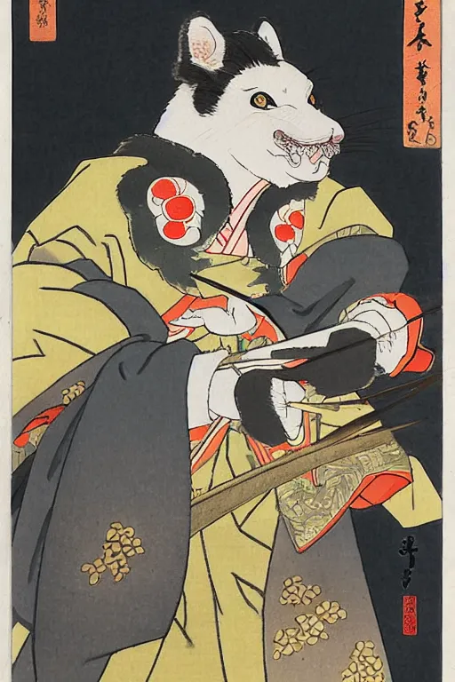 Image similar to a little - known commission from a famous ukiyo - e artist depicts the fursona of tokugawa ieyasu, furry shogun, tokugawa era watercolor illustration