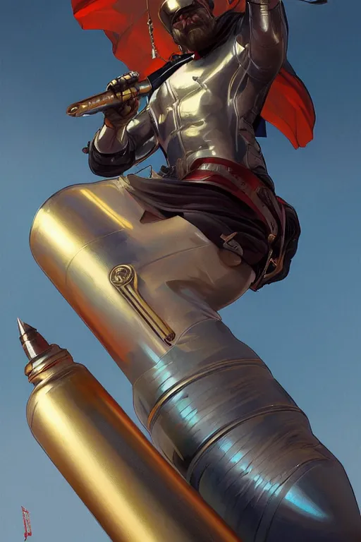 Image similar to man as a human cannonball bullet, realistic painting, symmetrical, highly detailed, digital painting, artstation, concept art, smooth, sharp focus, illustration, cinematic lighting, art by artgerm and greg rutkowski and alphonse mucha