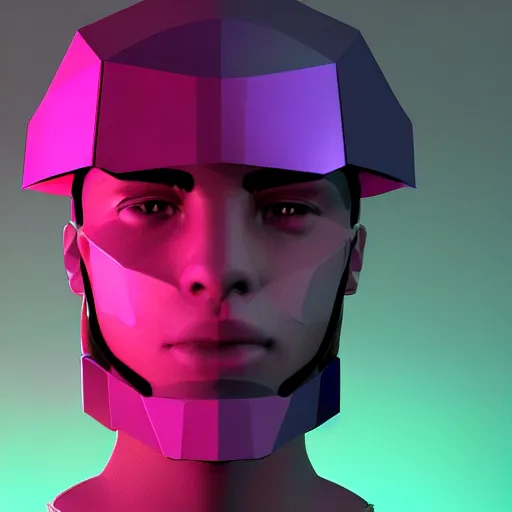 Prompt: low poly ps2 style render of a young cyberpunk man wearing a futuristic helmet in the style of Josan Gonzalez