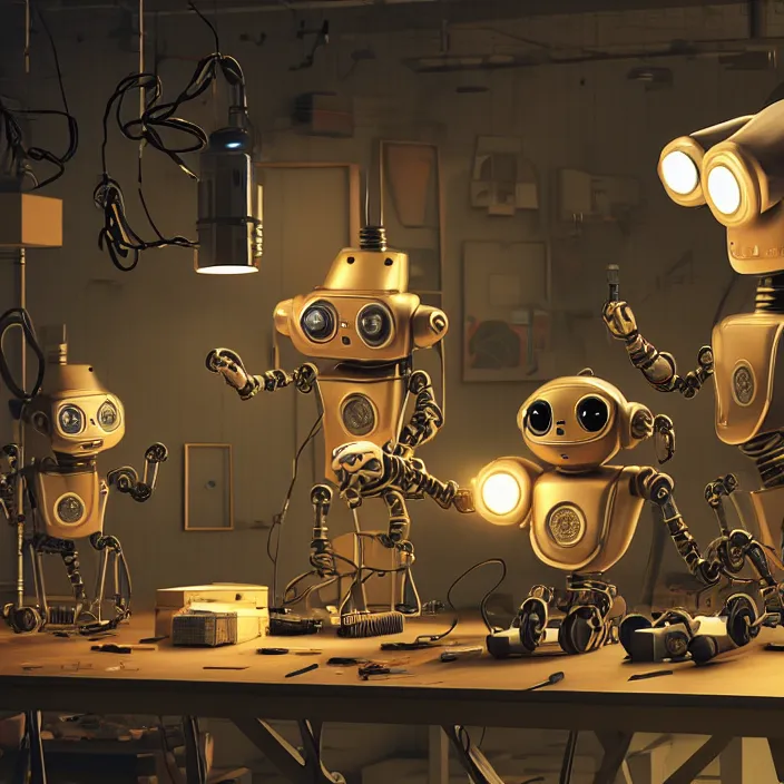 Image similar to crew of robot - workers building giant mouse - movie prop - head in quaint workshop, octane render, 4 k ultra hd, hyper - detailed, realistic, seedy lighting, sharp focus, in style of beeple