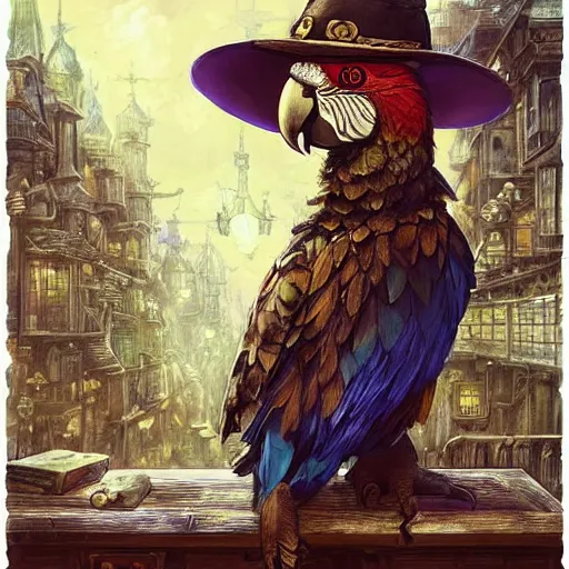 Prompt: Anthropomorphized parrot trader in his shop, art by Akihiko Yoshida and Greg Rutkowski, shelves full, selling a gem, portrait, items, magic potions, weapons, arcana, carpet, window, fancy funny hat, sly expression , cunning expression, cute expression, presenting magic gem, D&D, fantasy, cinematic lighting, highly detailed, digital painting, artstation, concept art, smooth, sharp focus, illustration, warm light, cozy warm tint, magic the gathering artwork, volumetric lighting, 8k, no gold, no gold colours