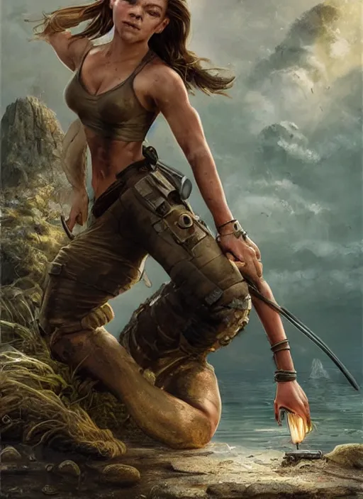 Image similar to Natalie Dormer as Lara Croft as a ruggedly handsome heroine kneeling next to a glowing artifact lodged in shallow water, intricate, elegant, highly detailed, artstation, concept art, smooth, sharp focus, illustration, bokeh art by artgerm and donato giancola and Joseph Christian Leyendecker, WLOP, fireflies