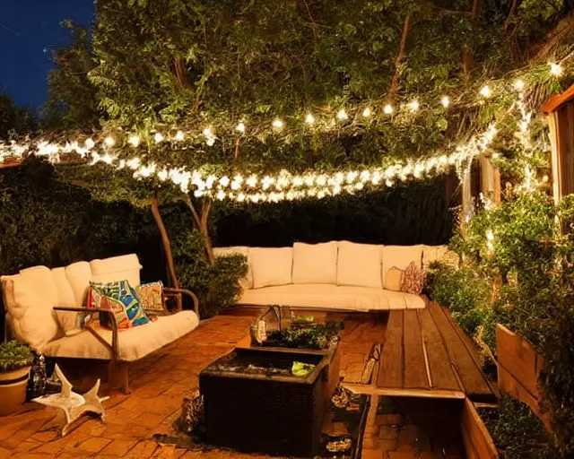 Image similar to a still photo of a backyard at night with fairy lights, house terrace on the side, warm lighting