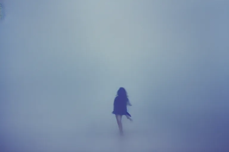 Image similar to film photography, blue theme, minimalism, close up woman lips running in the blue fog, low shutter speed, 35mm, motion blur