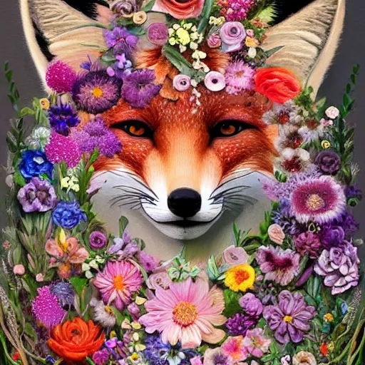 Image similar to made of flowers, made of flowers, made of flowers, portrait of a fox made of flowers, fantasy art, trending on artstation, beautiful art, intricate, elegant, highly detailed, digital painting