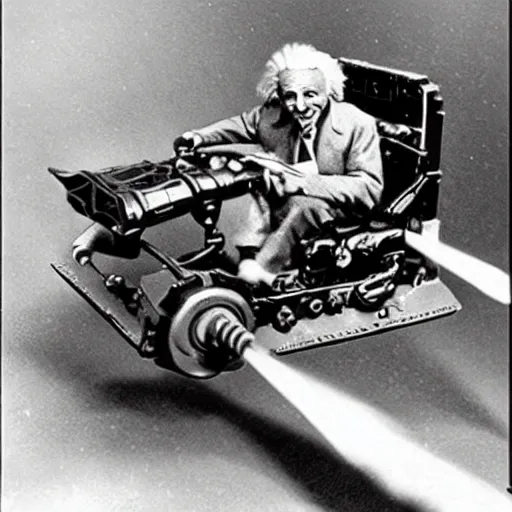 Image similar to Albert Einstein flying a Warhammer 40k Storm Speeder