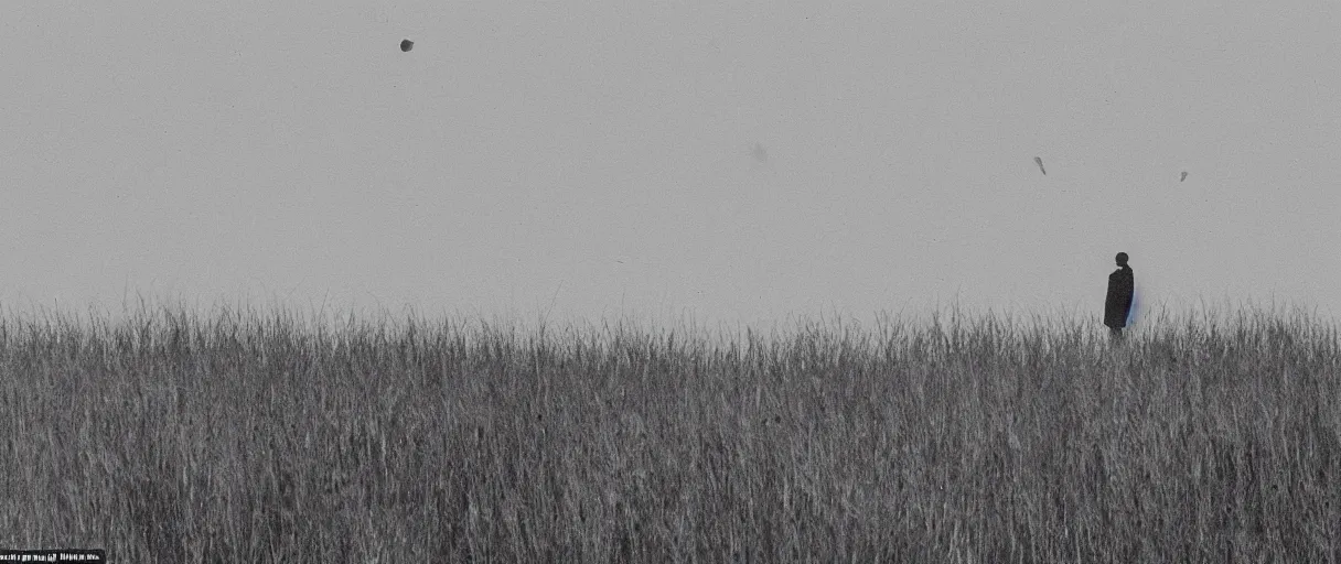 Prompt: revealed, underlined in a sudden gust of wind the profile of a man raises under the moon uncovered and tiny, overlooking the fen water meadowlands and small shot for the ducks he walks in the mud, moves aside the reeds no clapping of wings, no motions around just the singing wind in an ominous silence