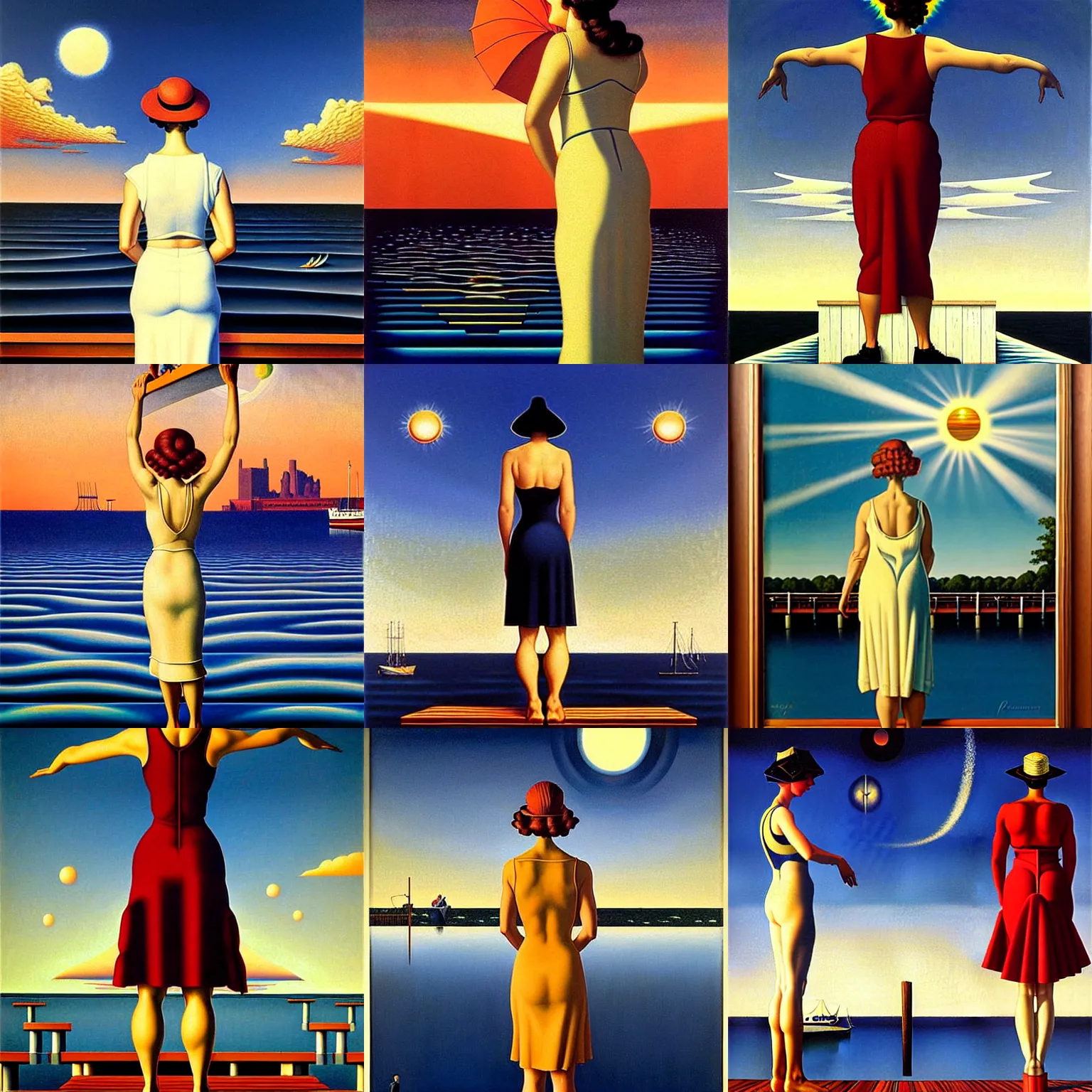 Prompt: an art deco painting of a woman standing on a dock by rafal olbinski and rob gonsalves and norman rockwell, hyperrealism, precisionism, art deco, surrealist, chiaroscuro, sunburst behind woman