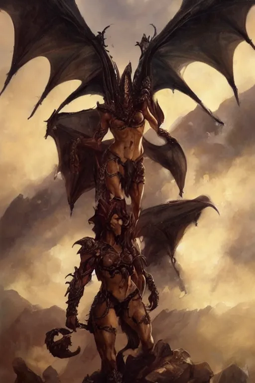 Image similar to A beautiful oil painting of a dragon, by Lucas Graciano, Frank Frazetta, Greg Rutkowski, Boris Vallejo, epic fantasy character art, goddess of war, fantasy armor, Exquisite detail, post-processing, low angle, masterpiece, cinematic