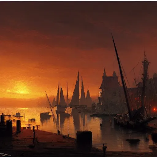 Image similar to an old harbour at dusk by greg ruthkowski and craig mullins and caspar david friedrich