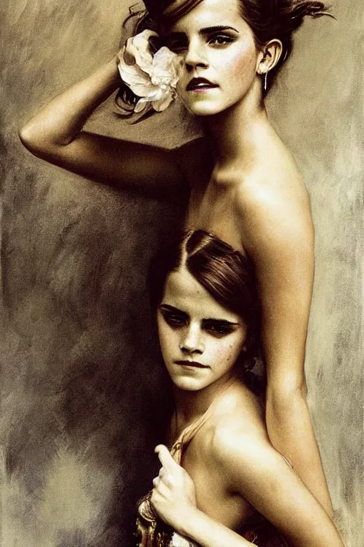 Image similar to emma watson frowning detailed portrait painting by gaston bussiere craig mullins j. c. leyendecker photograph by richard avedon peter lindbergh annie leibovitz