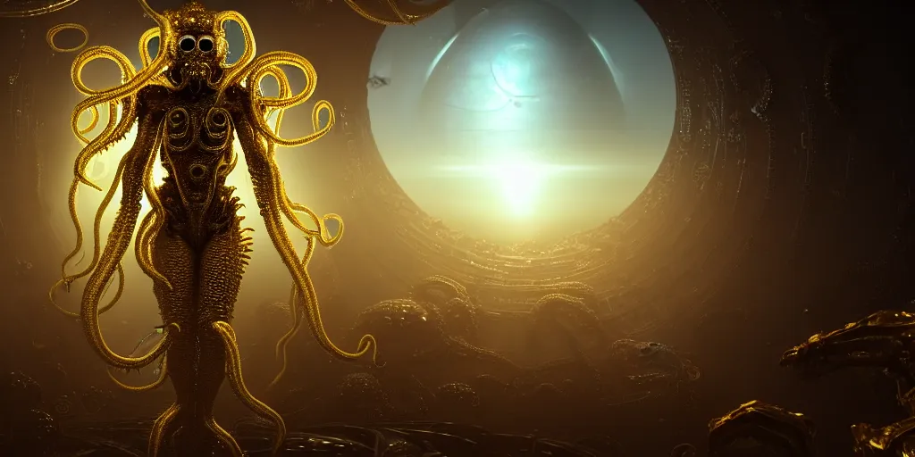 Prompt: a photo of 8k ultra realistic corrupted lovecraftian golden humanoid queen standing next to a spaceship window overlooking earth, 8 intricate white and gold tentacles, ornate white and gold armour, cinematic lighting, trending on artstation, 4k, hyperrealistic, focused, extreme details, unreal engine 5, cinematic, masterpiece