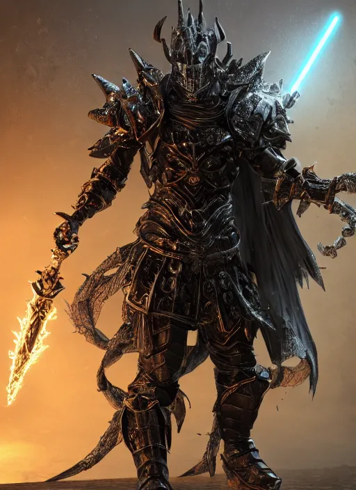 Image similar to a photorealistic 3D render of a full body dark side knight (as an archetypal DnD isekai Demon Lord) wearing armor made of gold and silver, inspired by Dark Souls and Doom Eternal and Fallout, unreal engine, octane render, cinematic lighting, a sense of evil, detailed hard surface boss character concept art, character design, hyper realism, high detail, depth of field, stunning cgsociety, HD, HDR, 4k