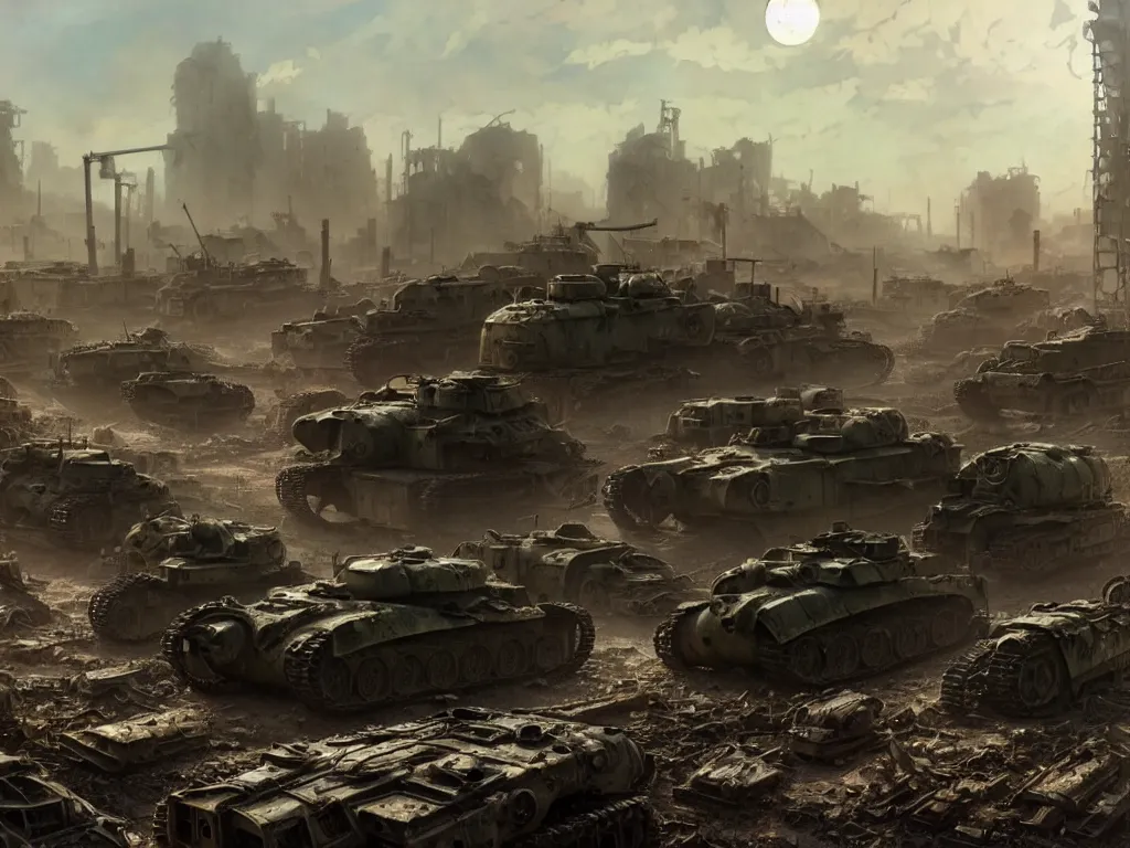 Prompt: a highly detailed matte painting of a post apocalyptic irradiated warzone with broken world war one tanks, discarded power armor and survivors scavenging the ruins, by studio ghibli, makoto shinkai, by artgerm, by wlop, by greg rutkowski, volumetric lighting, octane render, 4 k resolution, trending on artstation, masterpiece