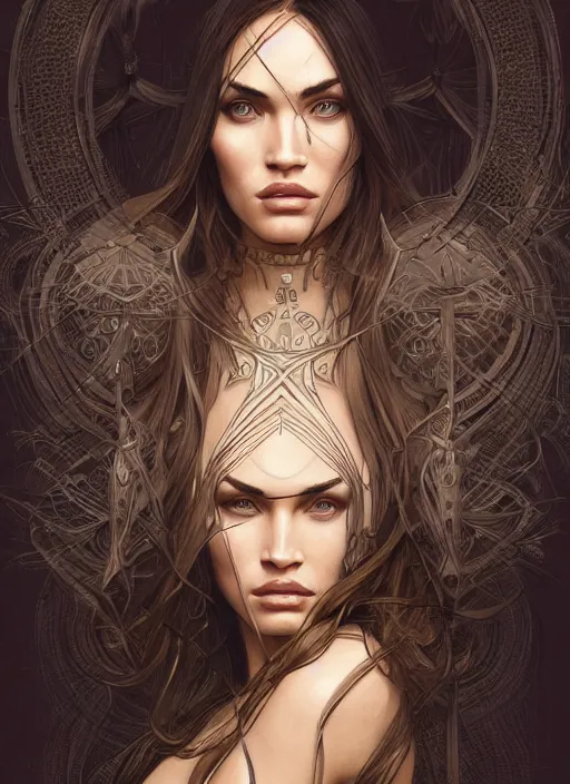 Image similar to symmetry!! megan fox, machine parts embedded into face, intricate, elegant, highly detailed, digital painting, artstation, concept art, smooth, sharp focus, illustration, art by artgerm and greg rutkowski and alphonse mucha, 8 k