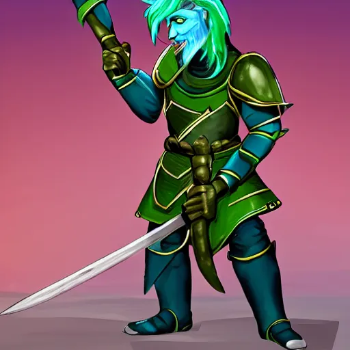 Prompt: Blue skinned fish person with green hair with a staff wearing leather armor, male, dungeons and dragons character, digital art