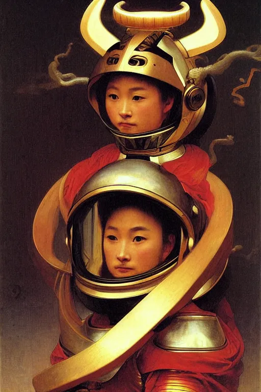 Image similar to portrait of a loong astronaut with chinese dragon armor and helmet, majestic, solemn, by bouguereau