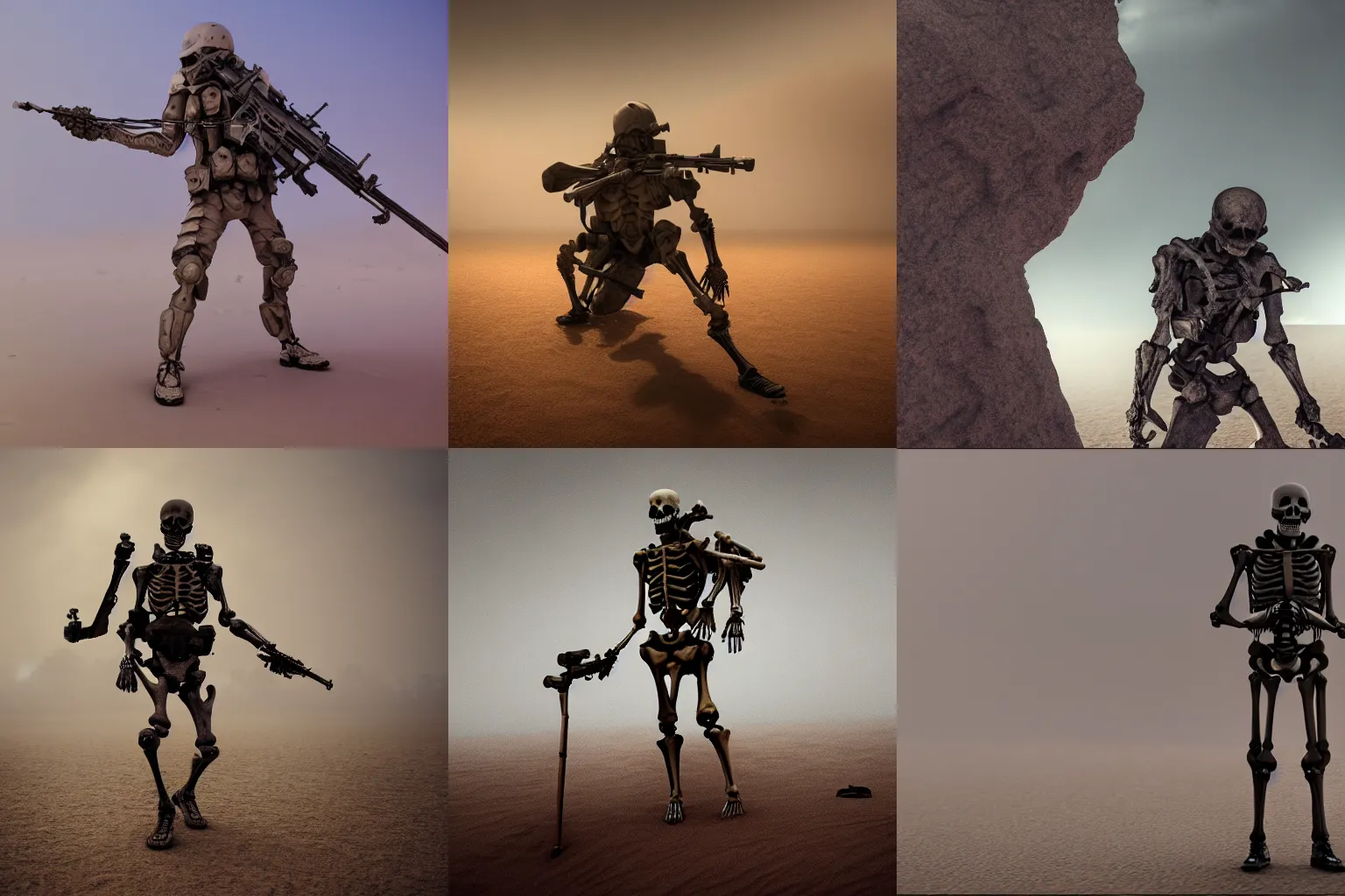 Prompt: Skeleton soldier, tactical gear, cinematic composition, Octane render, fog, sand, desert, hyper realistic, 4k resolution