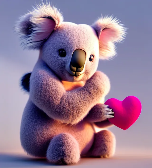 Image similar to high quality 3 d render hyperrealistic very cute small pink koala holding red heart,, plush mascot, short spiky dense fluffy smooth hair, photo from the side, pink fluffy fur, 1 5 0 mm, beautiful natural soft light, rim light, smooth background, artstation, ultra detailed, elegant, ultra detailed, metallic armor, octane render