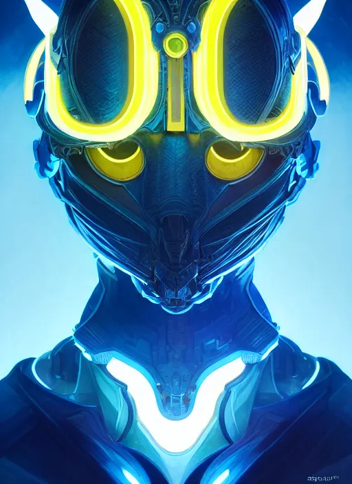 Image similar to symmetry!! portrait of a dragon face, sci - fi, tech wear, blue and yellow glowing lights!! intricate, elegant, highly detailed, digital painting, artstation, concept art, smooth, sharp focus, illustration, art by artgerm and greg rutkowski and alphonse mucha