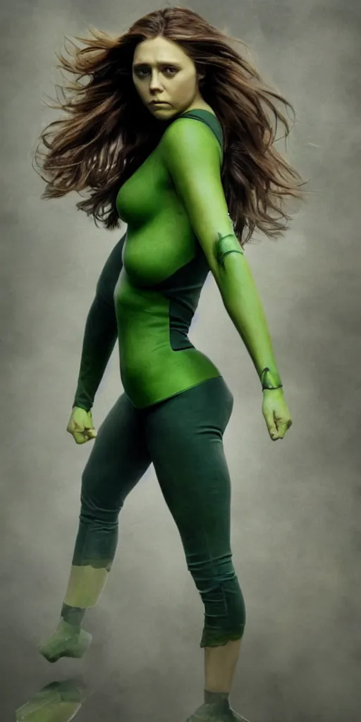 Image similar to Photorealistic art of Elizabeth Olsen as shehulk, full body, action shot, high definition, cinematic, realistic