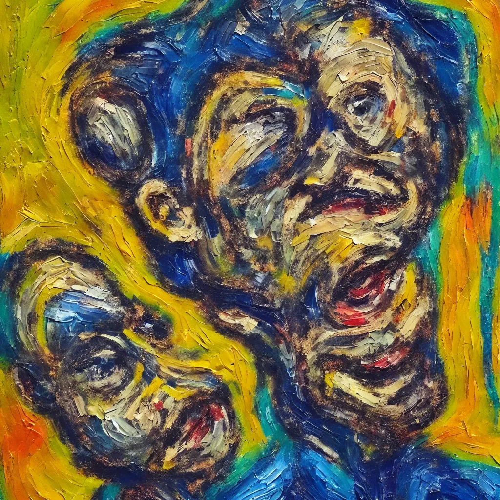 Image similar to happy face in the style of Jackson Pollack, with lots of stumbling, stumbled thick oil paint and painted in a style of painting similar to Van Gogh but more impasto and less hatching