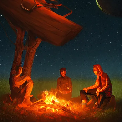 Prompt: Nomadic trader, sitting by a campfire, night, digital art, 4k