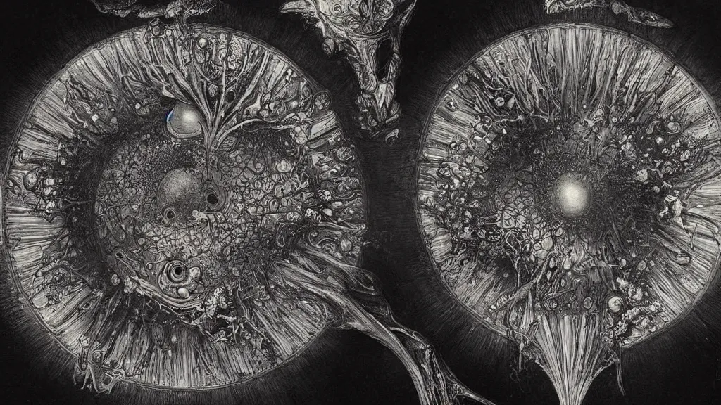 Image similar to a beautiful dreamy painting of a coronavirus inside a television screen, evil eye, dark, sinister, detailed, high contrast, art by Ernst Haeckel and Greg Rutkowski