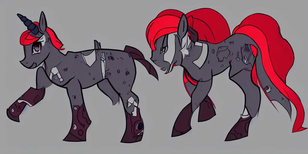 Image similar to Fallout Equestria Project Horizons | Blackjack Character Concept Art | White MLP Unicorn Mare with red and black shaggy hair, and bright, robotic eyes. | Cutie Mark is: Ace and Queen of Spades | Trending on ArtStation, Digital Art, MLP Fanart, Fallout Fanart