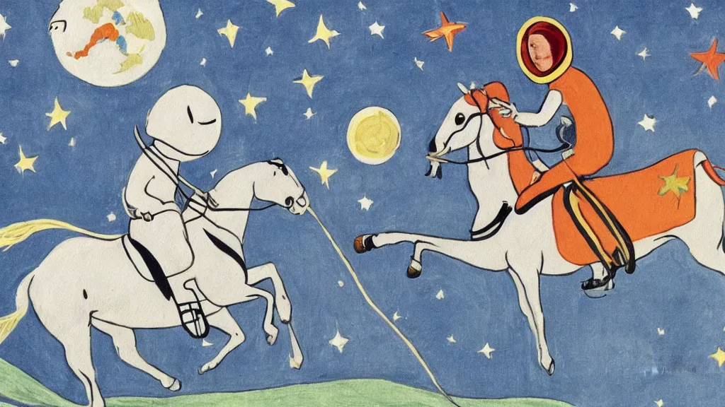 Prompt: a horse riding an astronaut, art by tove jansson