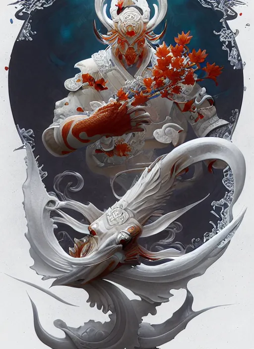 Image similar to subsurface scattering, white, koi, samurai deity with koi armor, art nouveau swirls, octane render, by jesper ejsing, james jean, justin gerard, tomasz alen kopera, cgsociety and fenghua zhong, highly detailed, rim light, cinematic lighting, art, very coherent, cinematic, hyper realism, high detail, 8 k