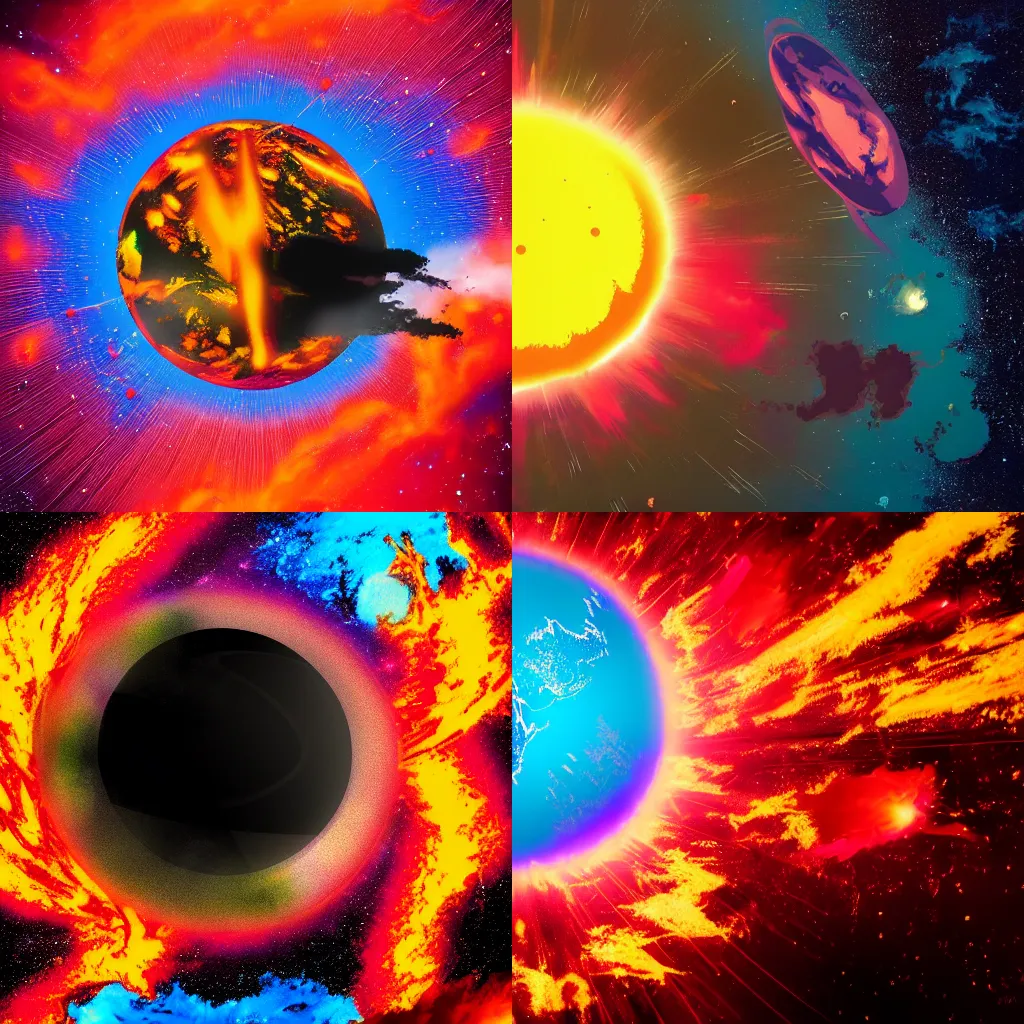 Prompt: painting of an Atomic explosion visible from space, colourful explosion, vivid colours, matte black paper, ultra detailed, wide shot, 4k, stylized, circular planet