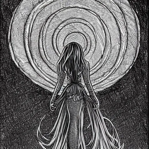 Image similar to intricate lineart drawing of a girl in black dresss standing in the abyss, black ink, manga style, with evil eyes and long scary hands in the background, featured on pixiv, sharp lines, high resolution