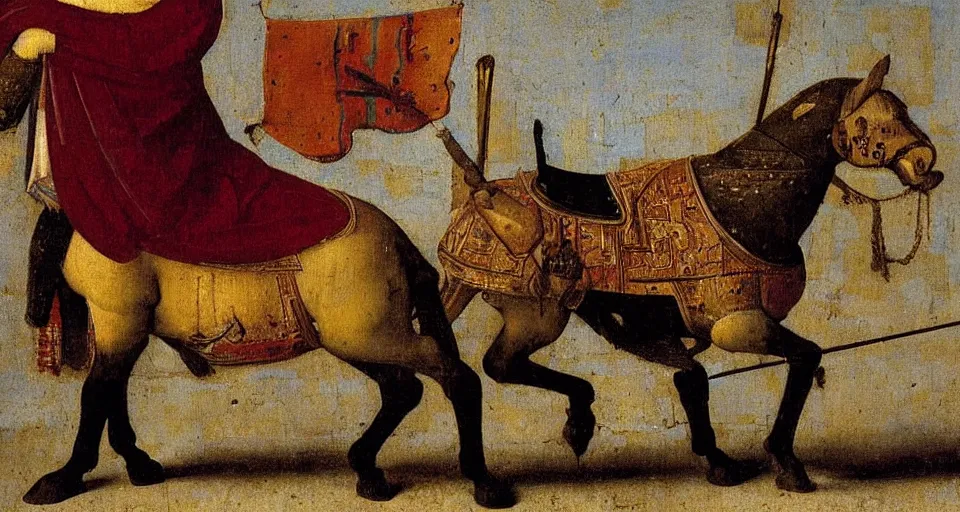 Prompt: a knight riding a wooden horse, medieval painting by Jan van Eyck, Johannes Vermeer